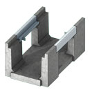 Concrete universal channel with solid bottom and a standard cross-section design used to create ells, tees, and crosses in heavy traffic rated trench runs produced by Concast, Inc.
