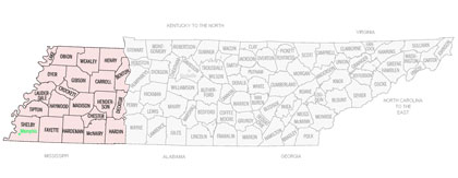 Image Link to a county map of Western Tennessee which is covered by Energy Reps