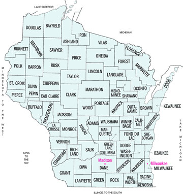 Image Link to a county map of Wisconsin which is covered by Electrotech