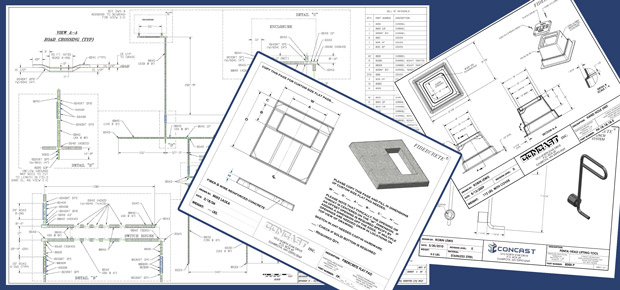 Collage image of several of Concast's product drawings and a trench layout drawing.